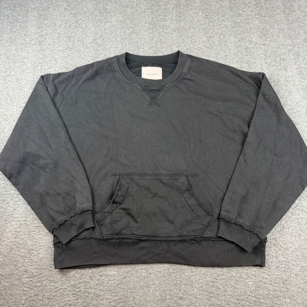 Lucky Brand Sweatshirt Men's M Black Raw Hem Distressed Fleece Crewneck Pocket
